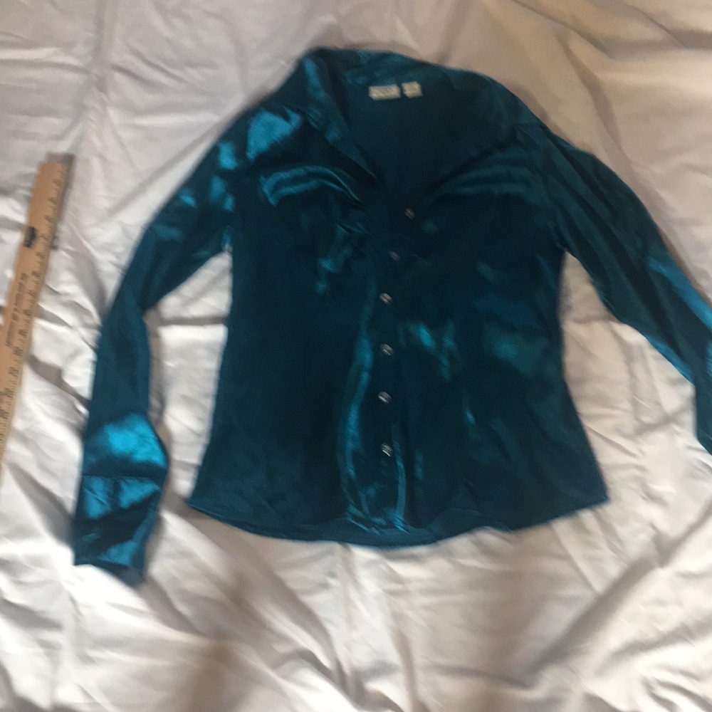Blue satin fitted button front top